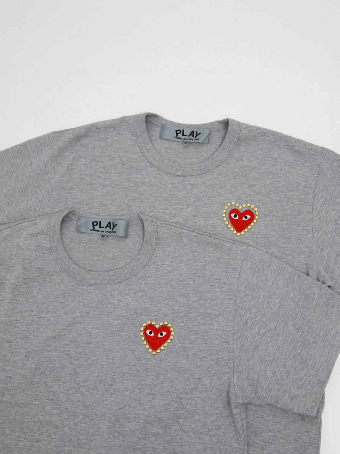 CDG Play grey and white tshirts with red heart logo and gold studs