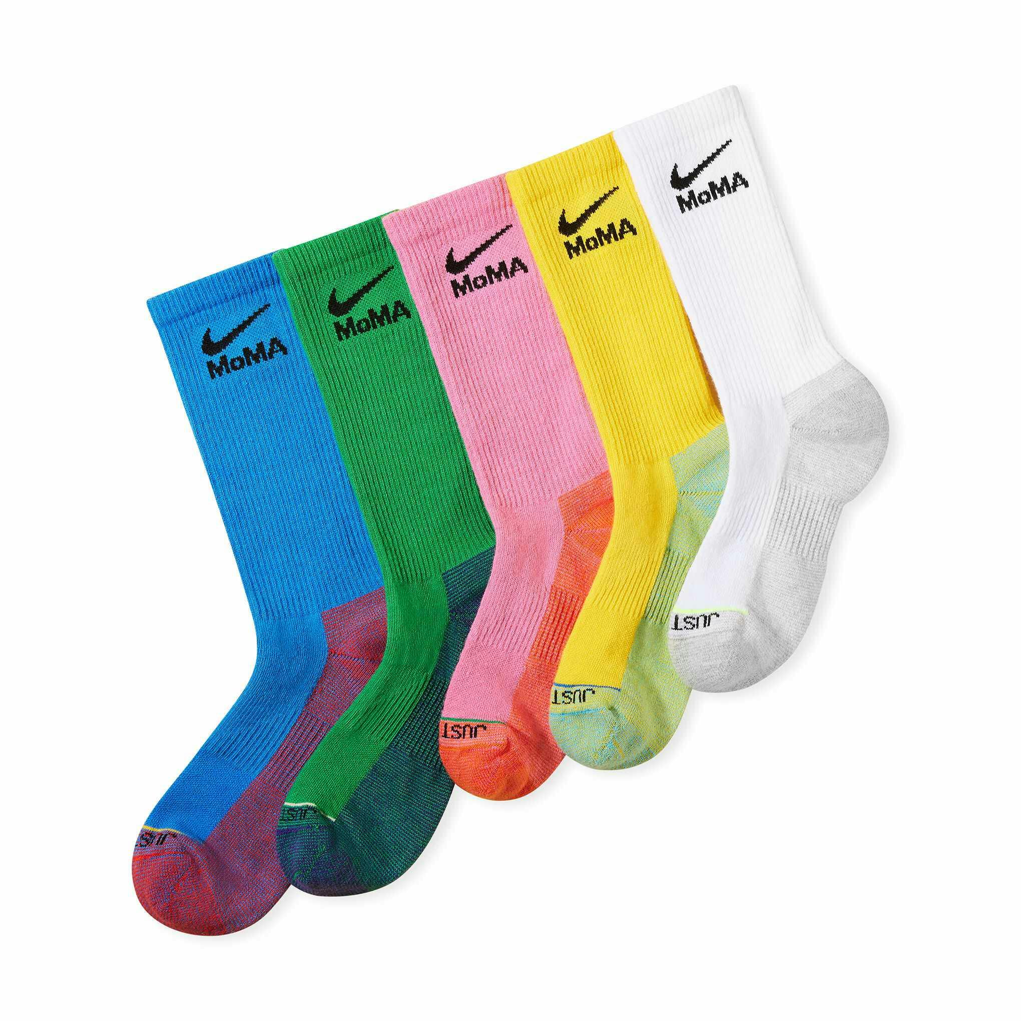 MoMA x Nike sock collaboration in white yellow green blue pink