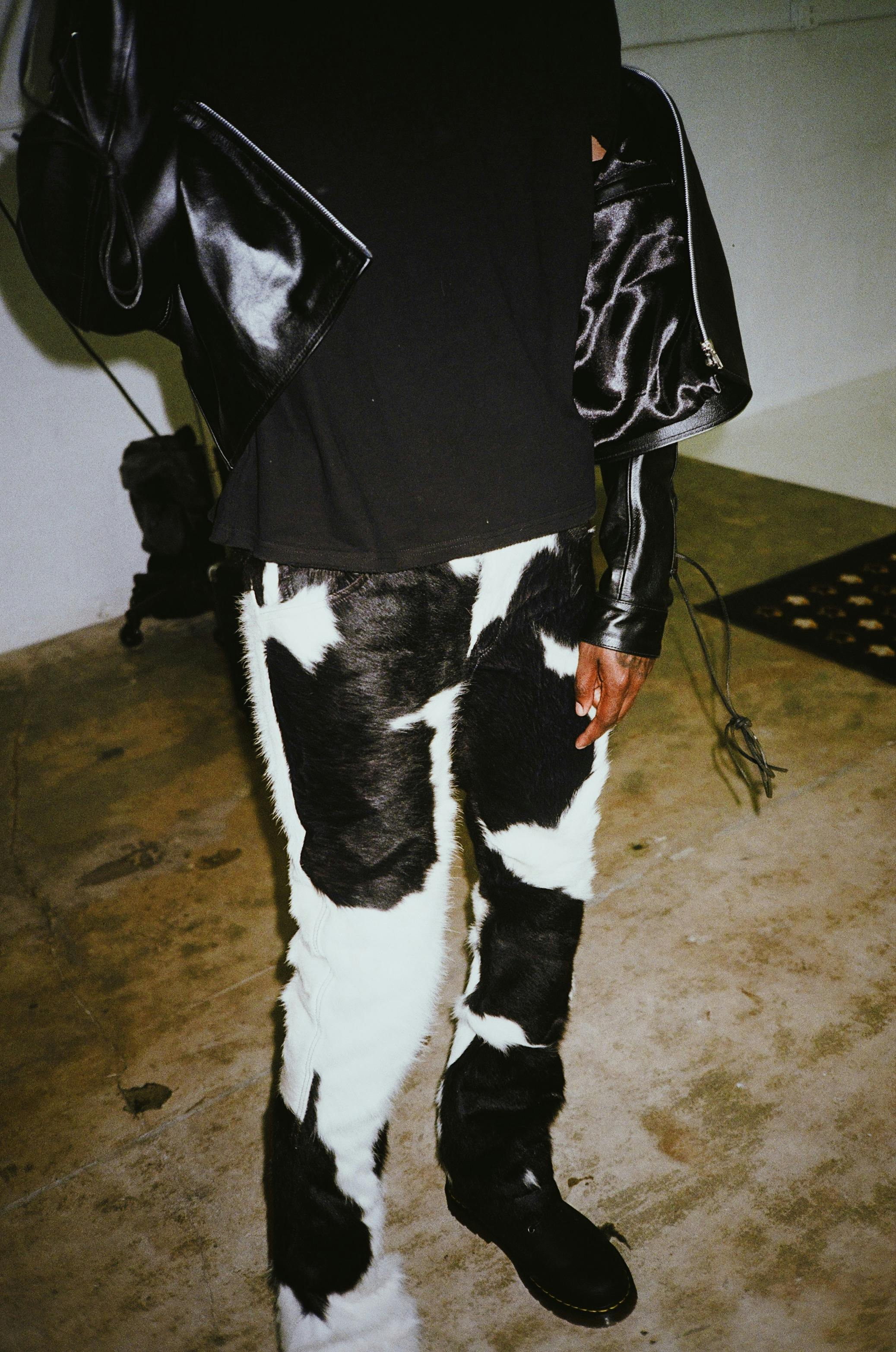 black and white cow hide pants.