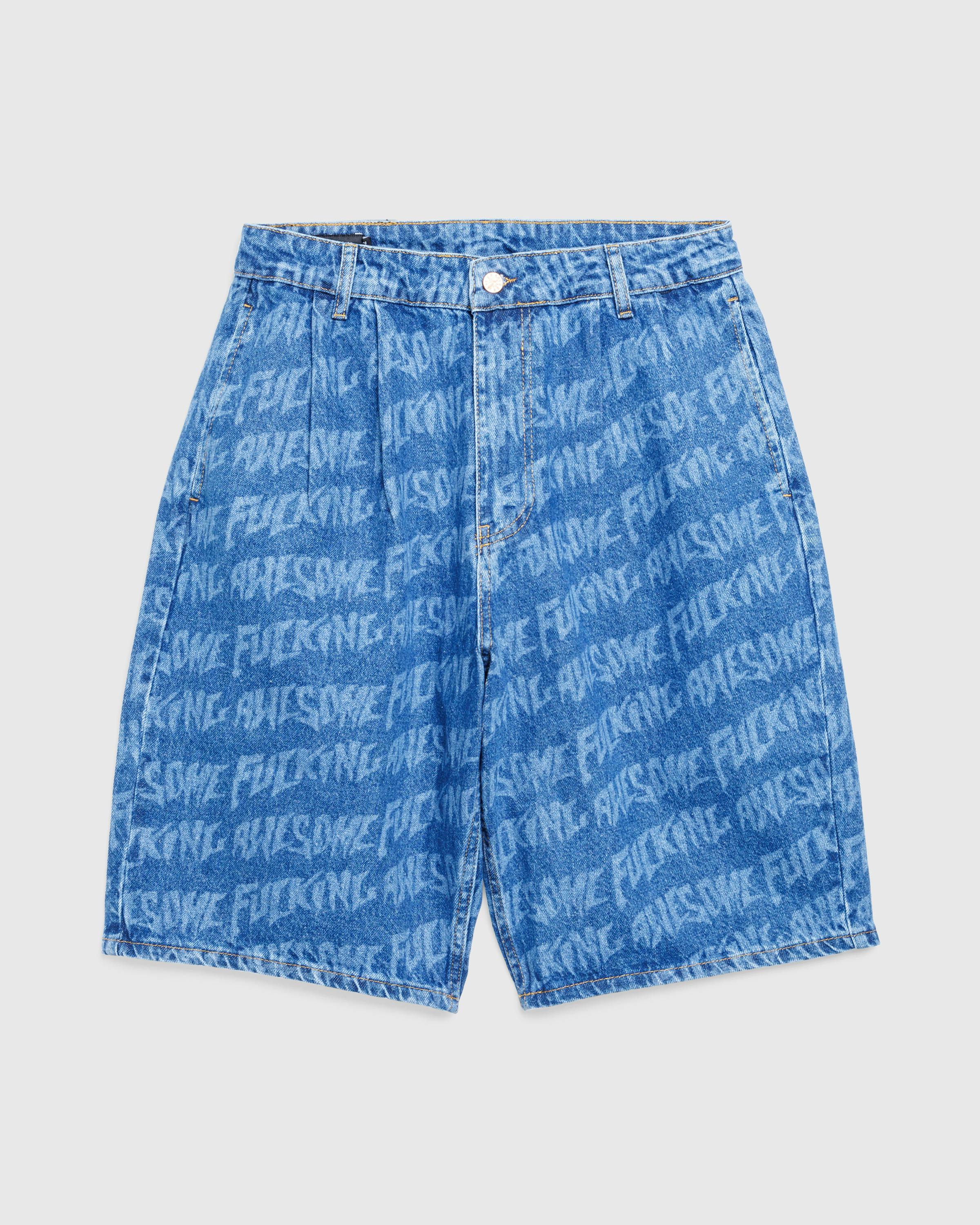 Fucking Awesome – Baggy Pleated Denim Laser Stamp Shorts Blue - Denim Shorts - Blue - Image 1