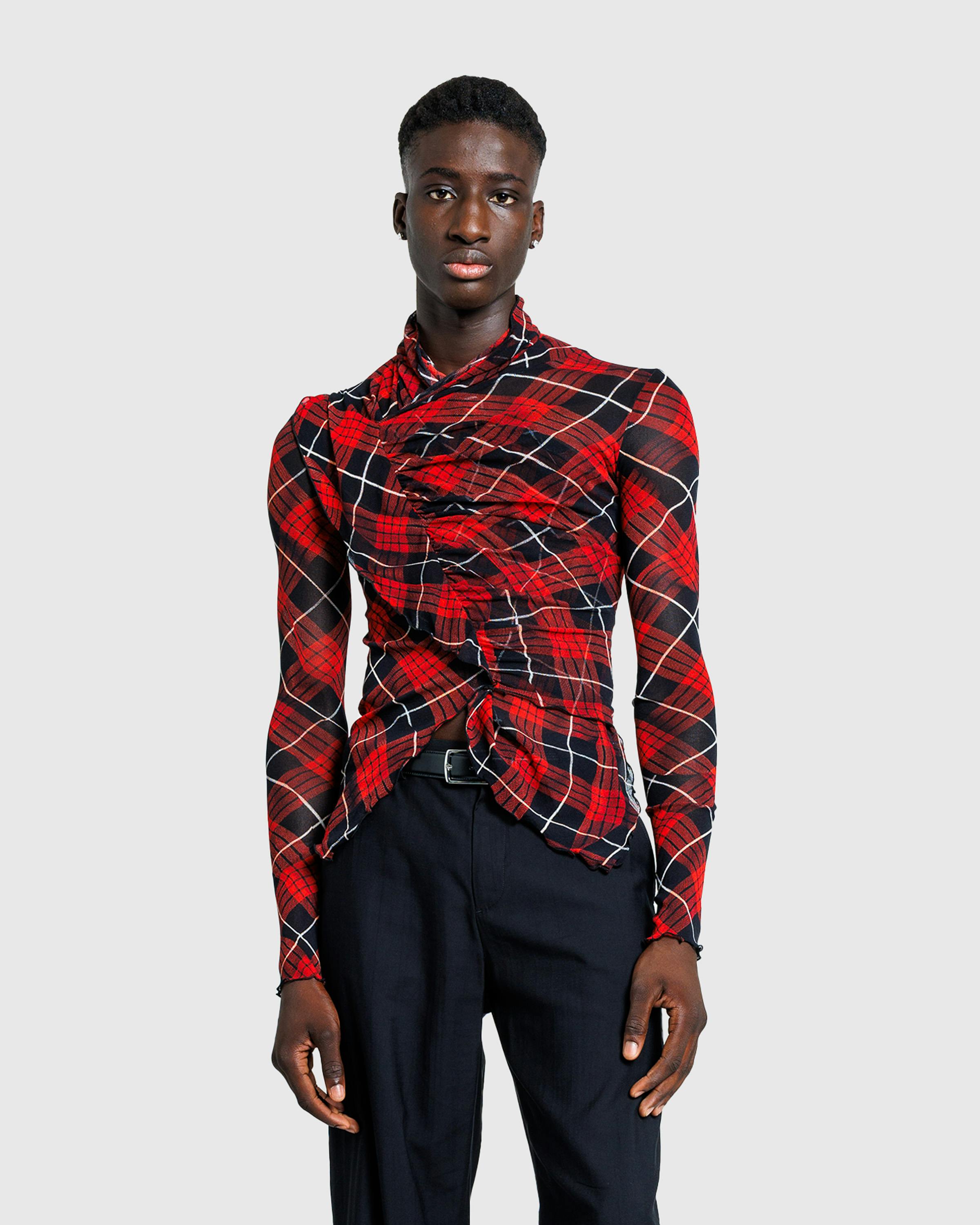 Jean Paul Gaultier – Mesh Draped Long-Sleeve Top Printed Distorted Tartan Red/Black/White - Longsleeve Shirts - Red - Image 2