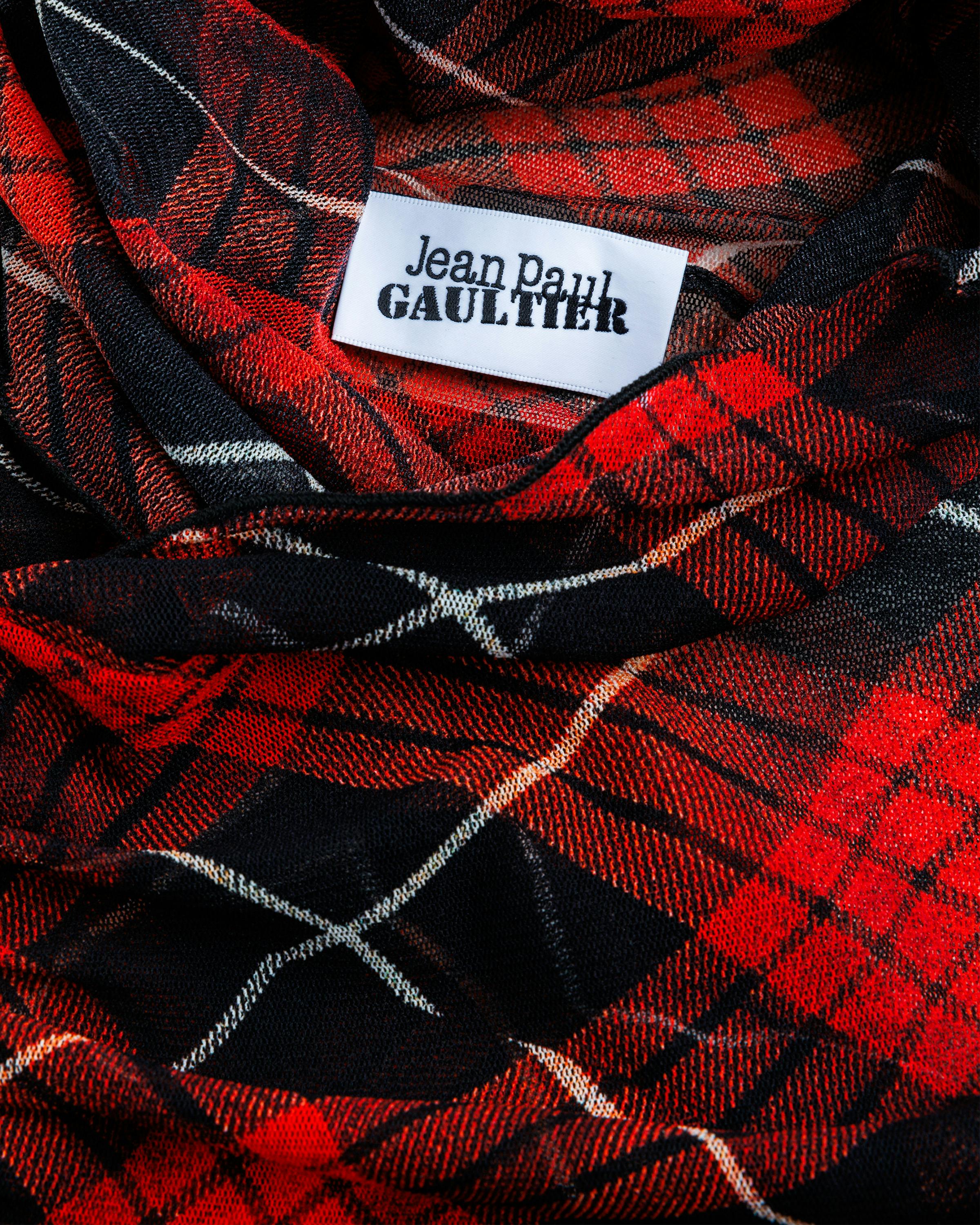 Jean Paul Gaultier – Mesh Draped Long-Sleeve Top Printed Distorted Tartan Red/Black/White - Longsleeve Shirts - Red - Image 5