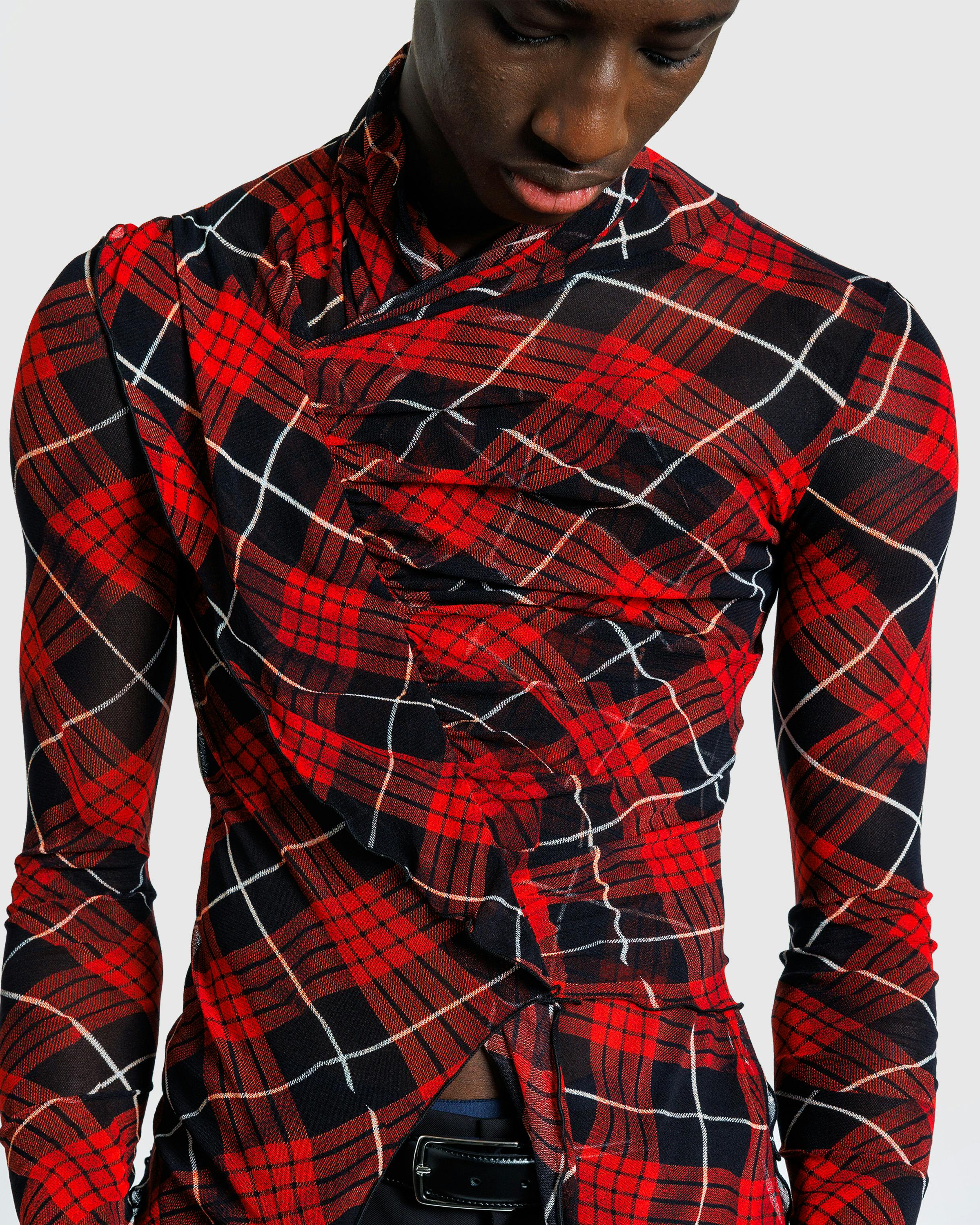 Jean Paul Gaultier – Mesh Draped Long-Sleeve Top Printed Distorted Tartan Red/Black/White - Longsleeve Shirts - Red - Image 4