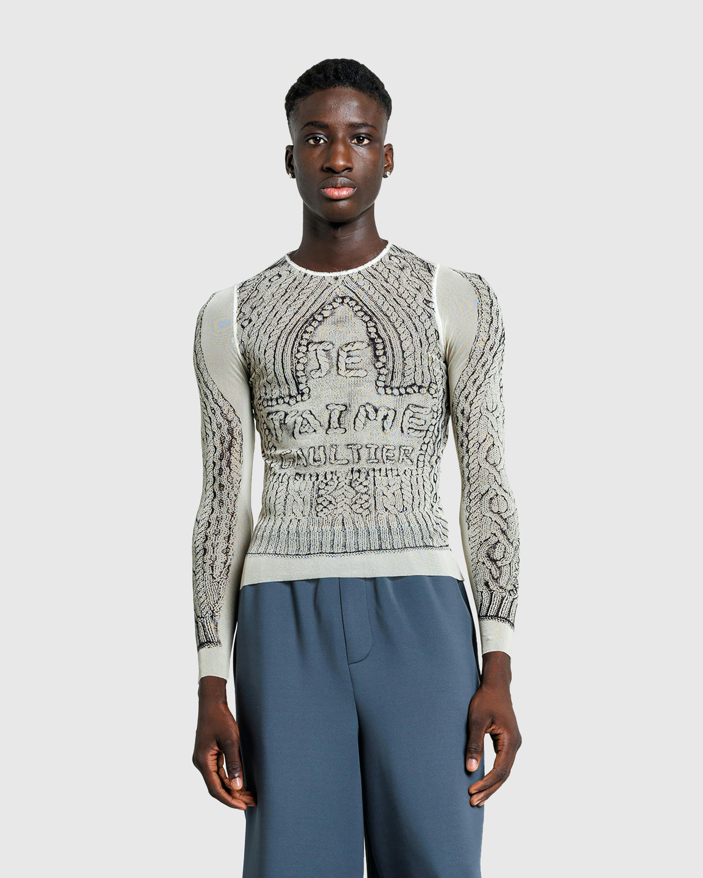 Jean Paul Gaultier – Mesh Long-Sleeve Top Printed Pull Je T'Aime Light Beige/Black - Longsleeve Shirts - Beige - Image 2