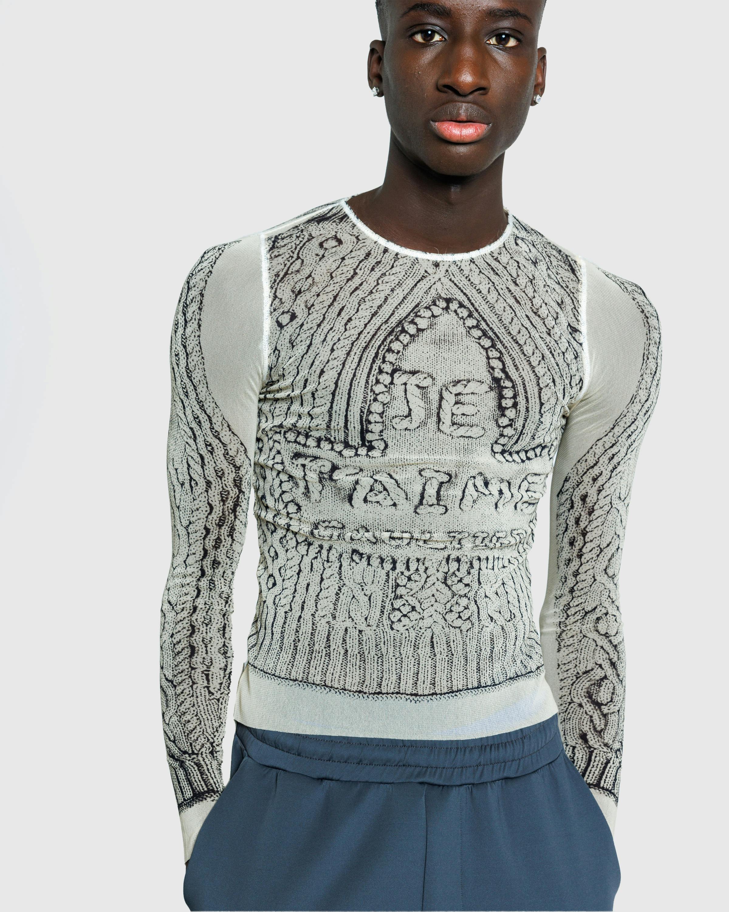 Jean Paul Gaultier – Mesh Long-Sleeve Top Printed Pull Je T'Aime Light Beige/Black - Longsleeves - Beige - Image 4