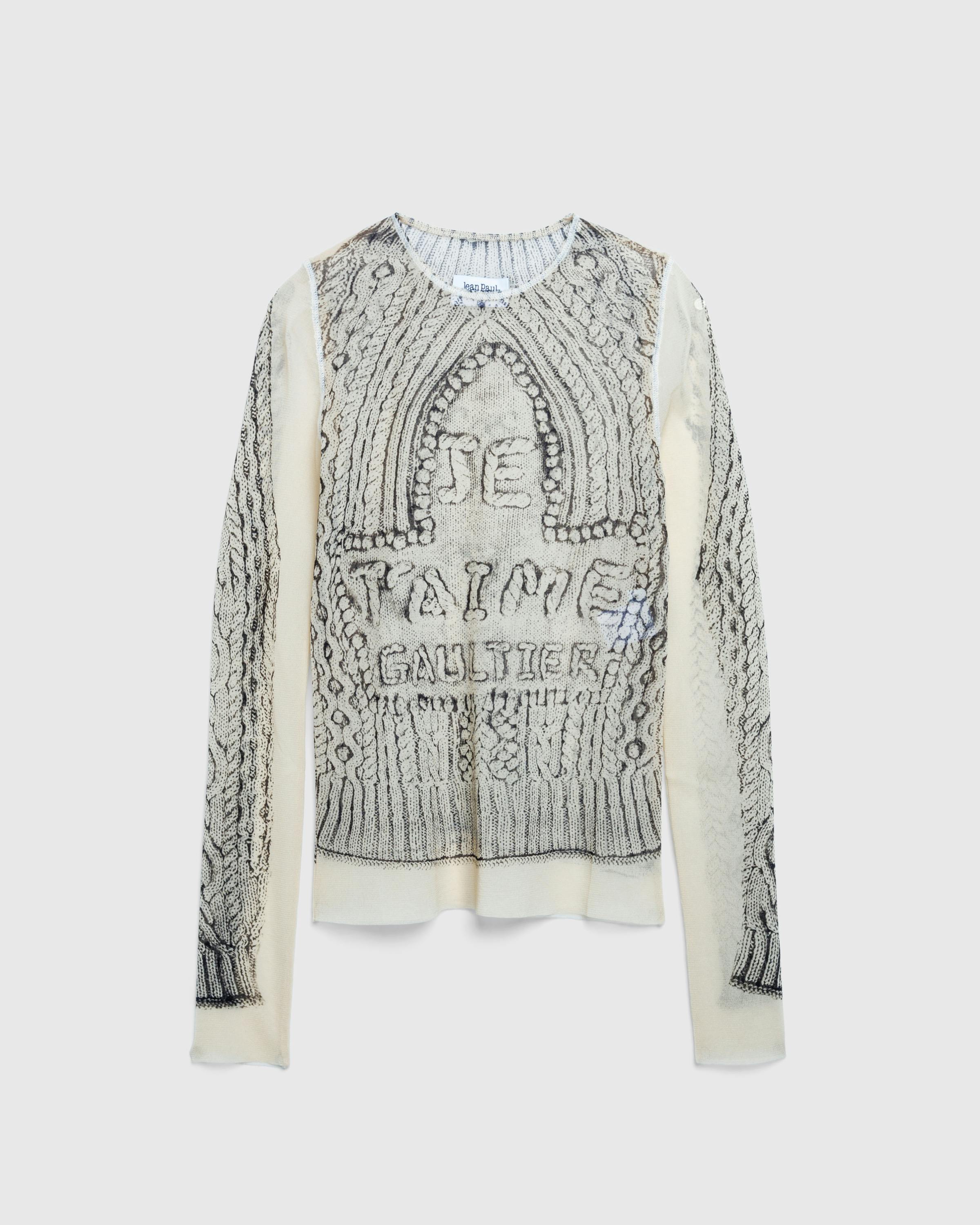 Jean Paul Gaultier – Mesh Long-Sleeve Top Printed Pull Je T'Aime Light Beige/Black - Longsleeves - Beige - Image 1