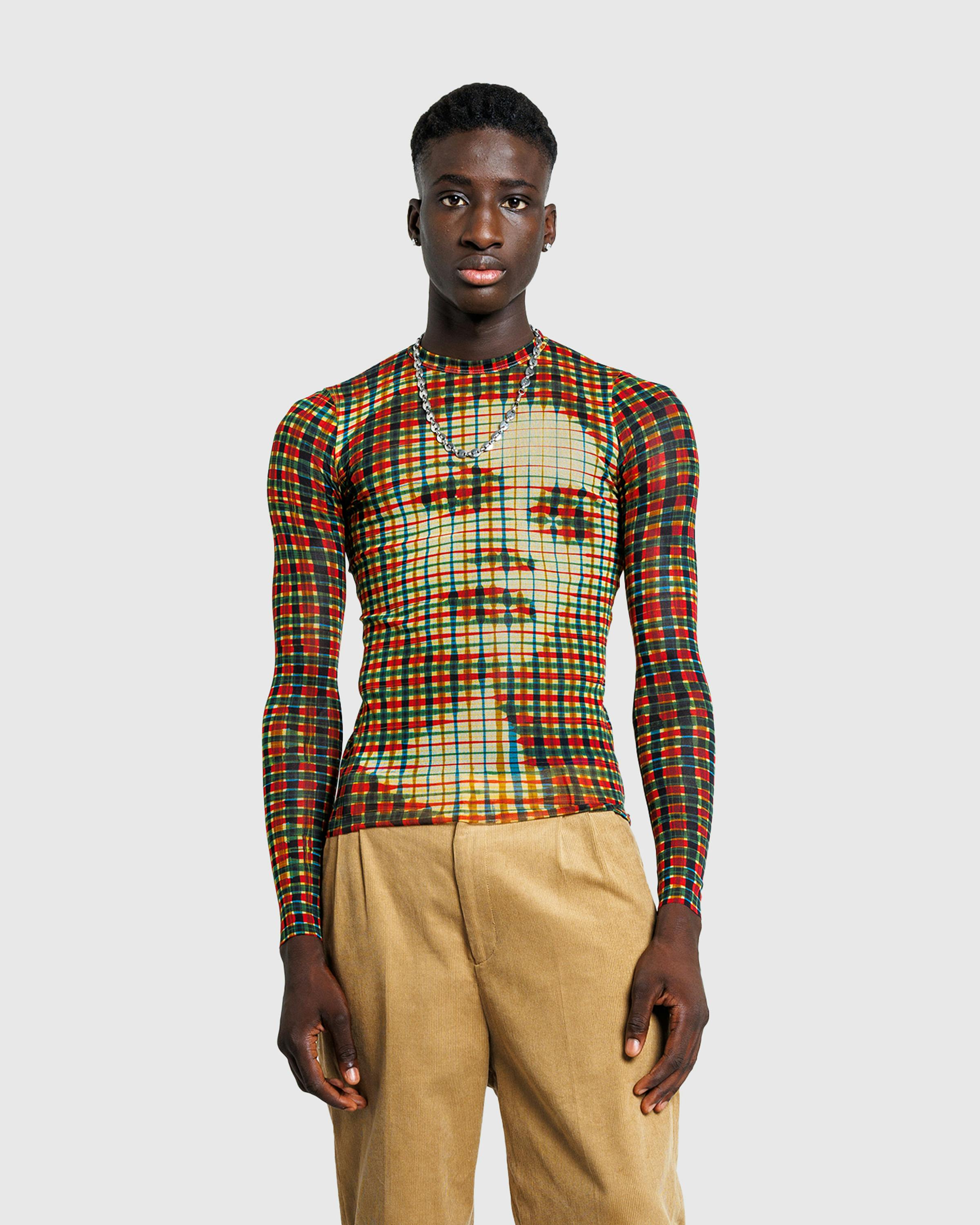 Jean Paul Gaultier – Mesh Long-Sleeve Top Printed Tartan Face Sepia/Yellow/Blue/Red - Longsleeves - Yellow - Image 2