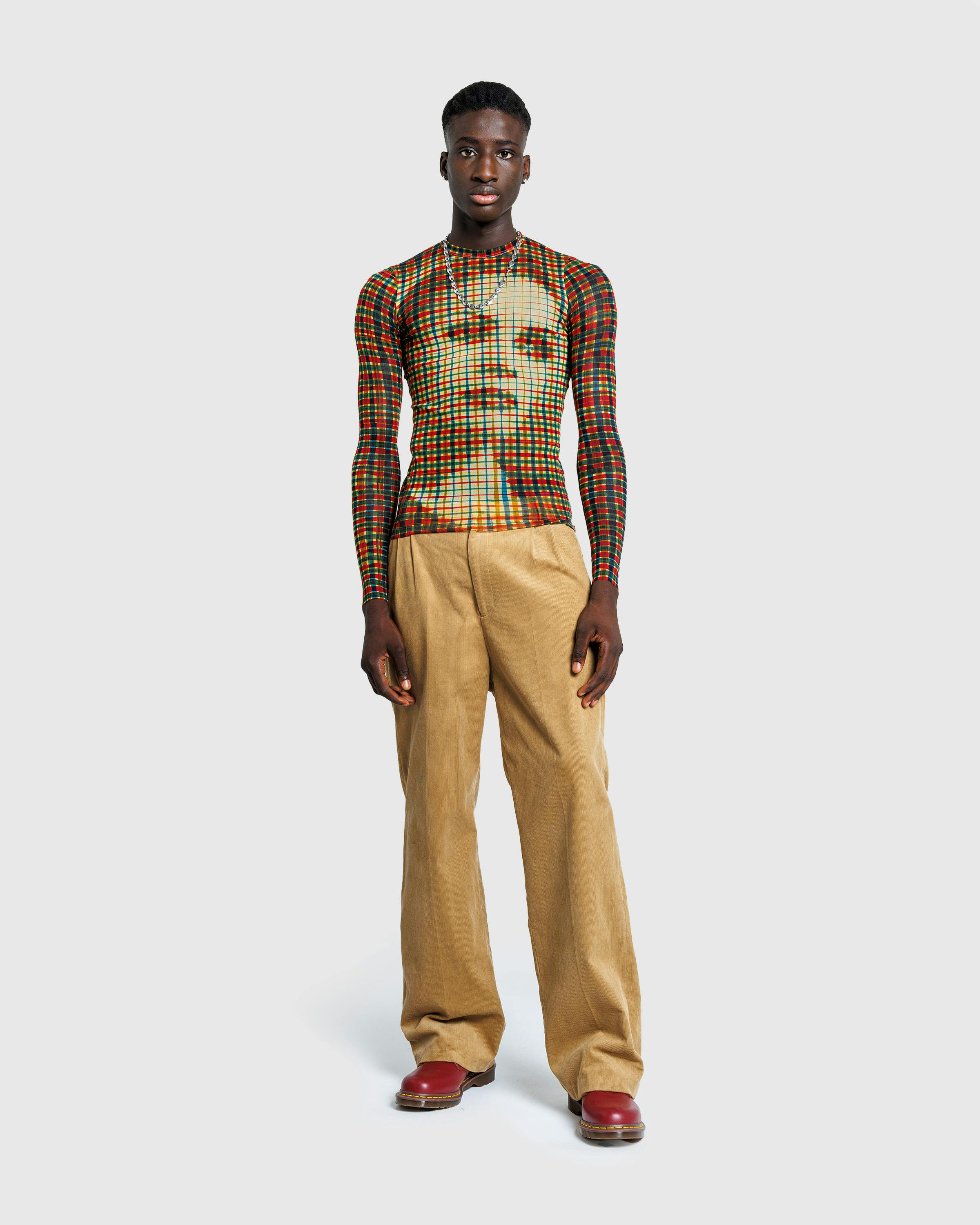 Jean Paul Gaultier – Mesh Long-Sleeve Top Printed Tartan Face Sepia/Yellow/Blue/Red - Longsleeves - Yellow - Image 3