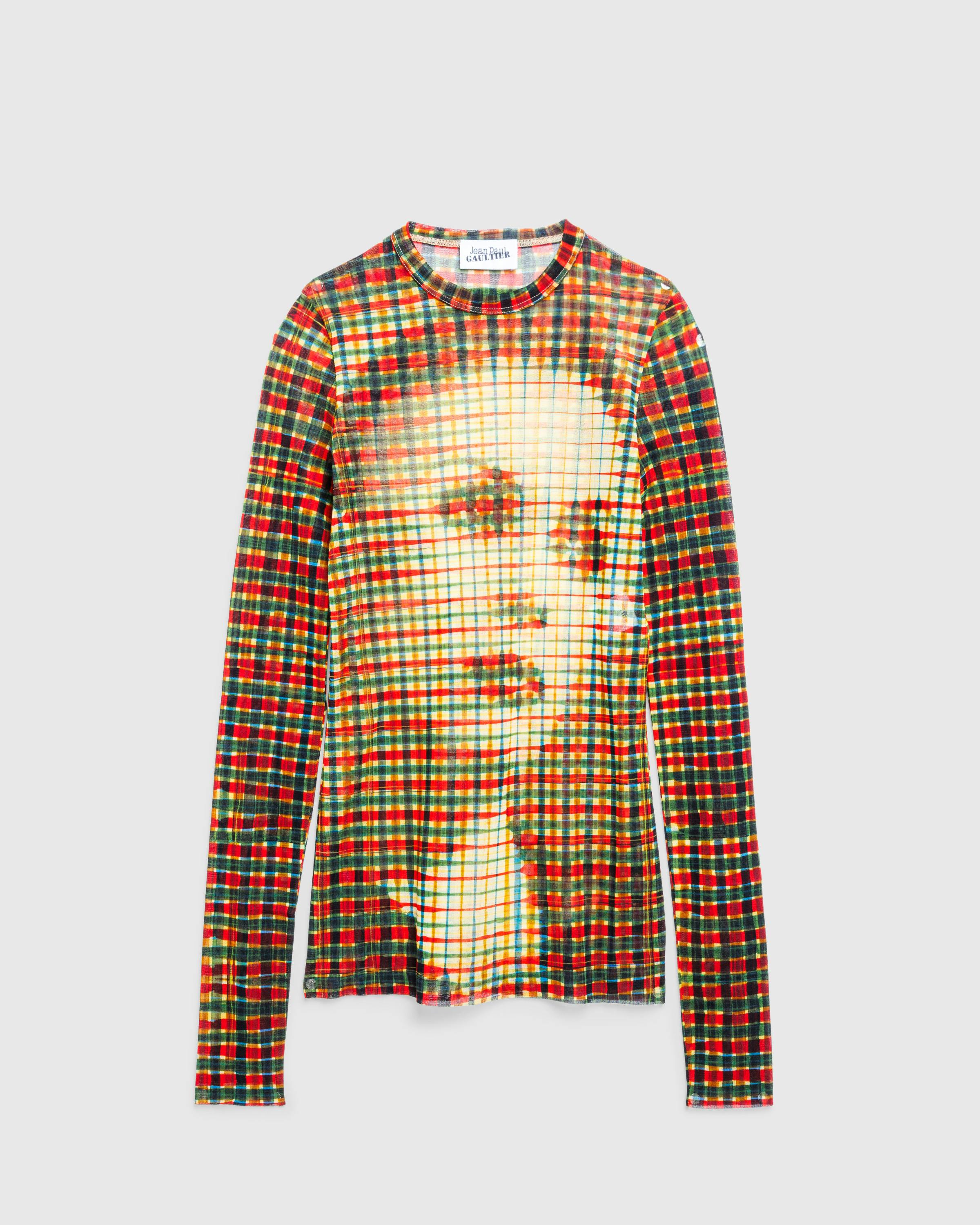 Jean Paul Gaultier – Mesh Long-Sleeve Top Printed Tartan Face Sepia/Yellow/Blue/Red - Longsleeves - Yellow - Image 1