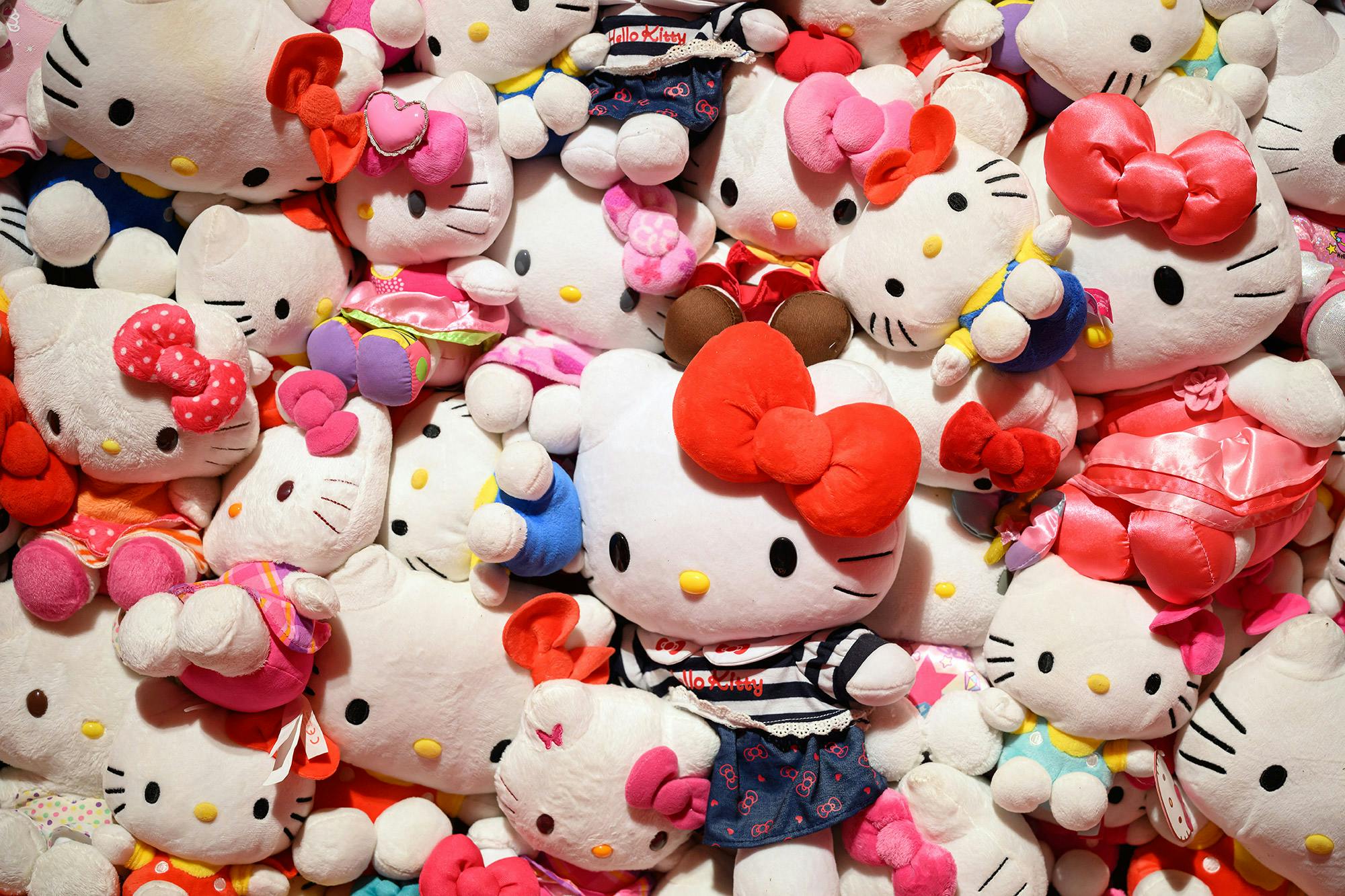 A collection of Hello Kitty plushies displayed in London for Hello Kitty’s 50th anniversary in 2024.