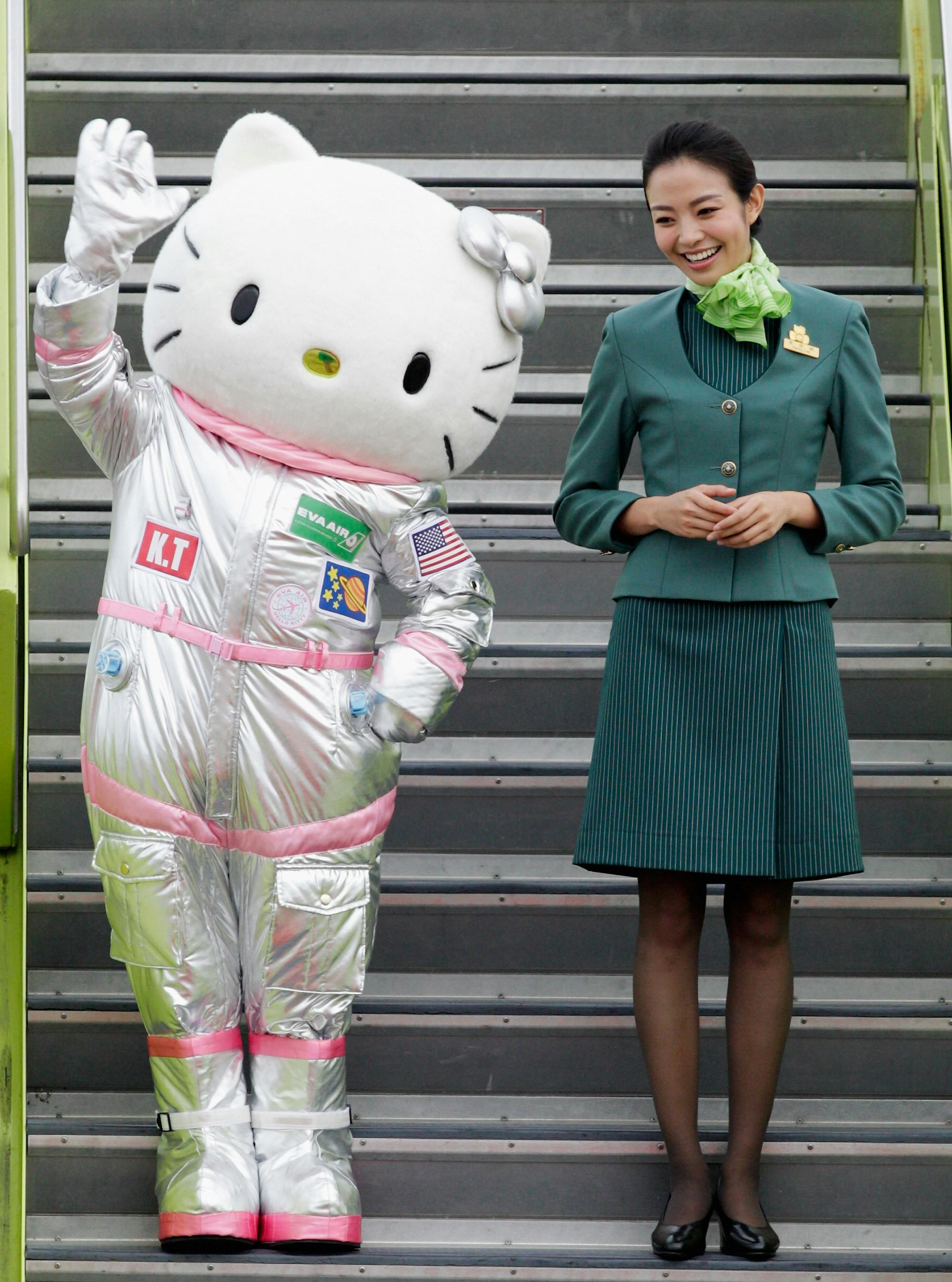 An aeronautical Hello Kitty mascot costume celebrating the 2015 launch of EVA Air’s Hello Kitty-themed airplanes.