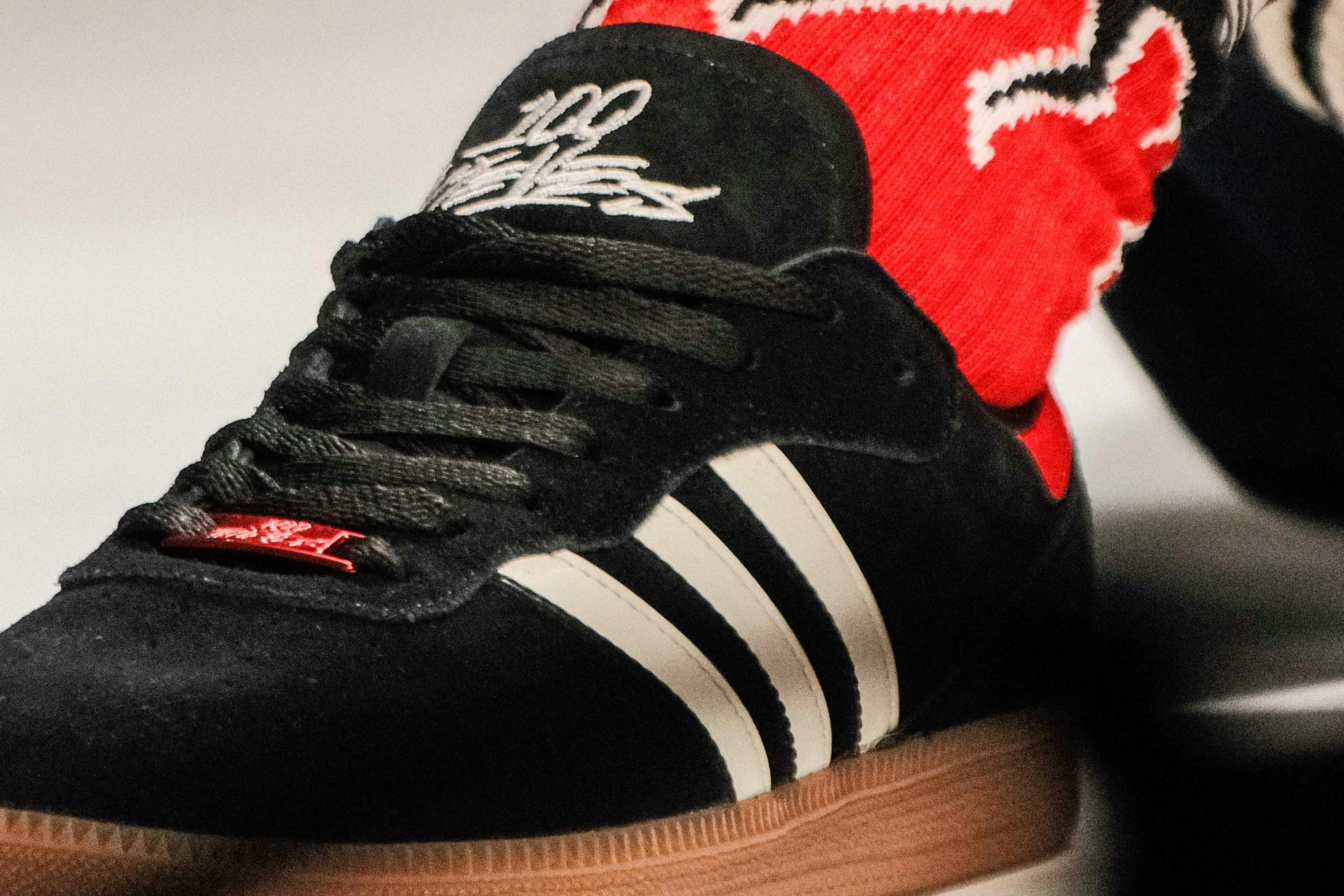 100 thieves adidas fw24 collection collab in black and red with samba sneakers