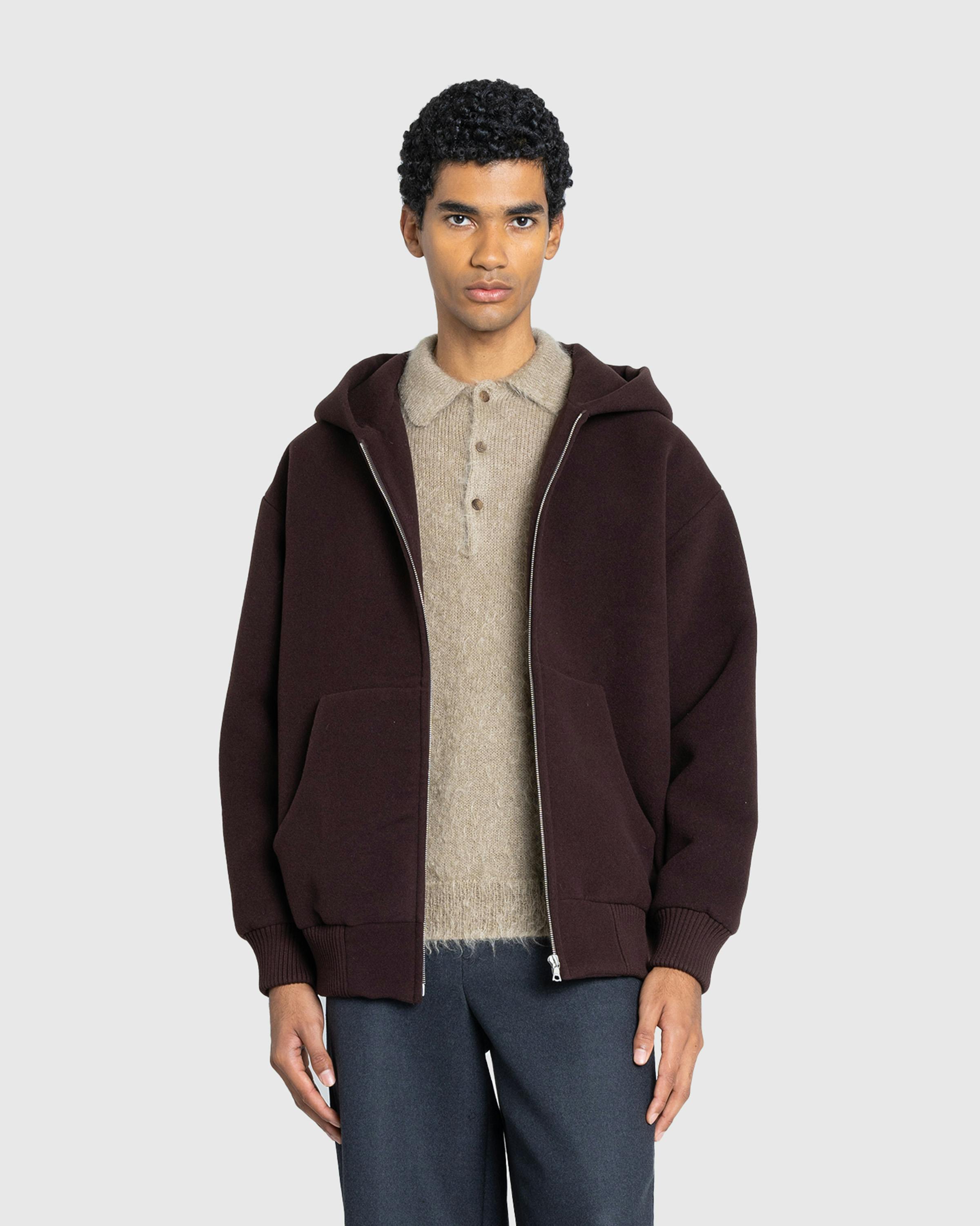 Auralee – Double Cloth Heavy Wool Pile Zip Hoodie Dark Brown - Zip-Up Sweats - Brown - Image 2