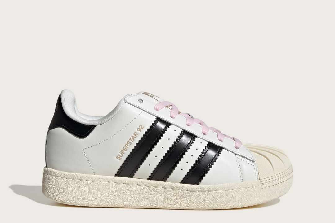 pharrell adidas superstar 92 sneaker in white and black leather modeled by clipse