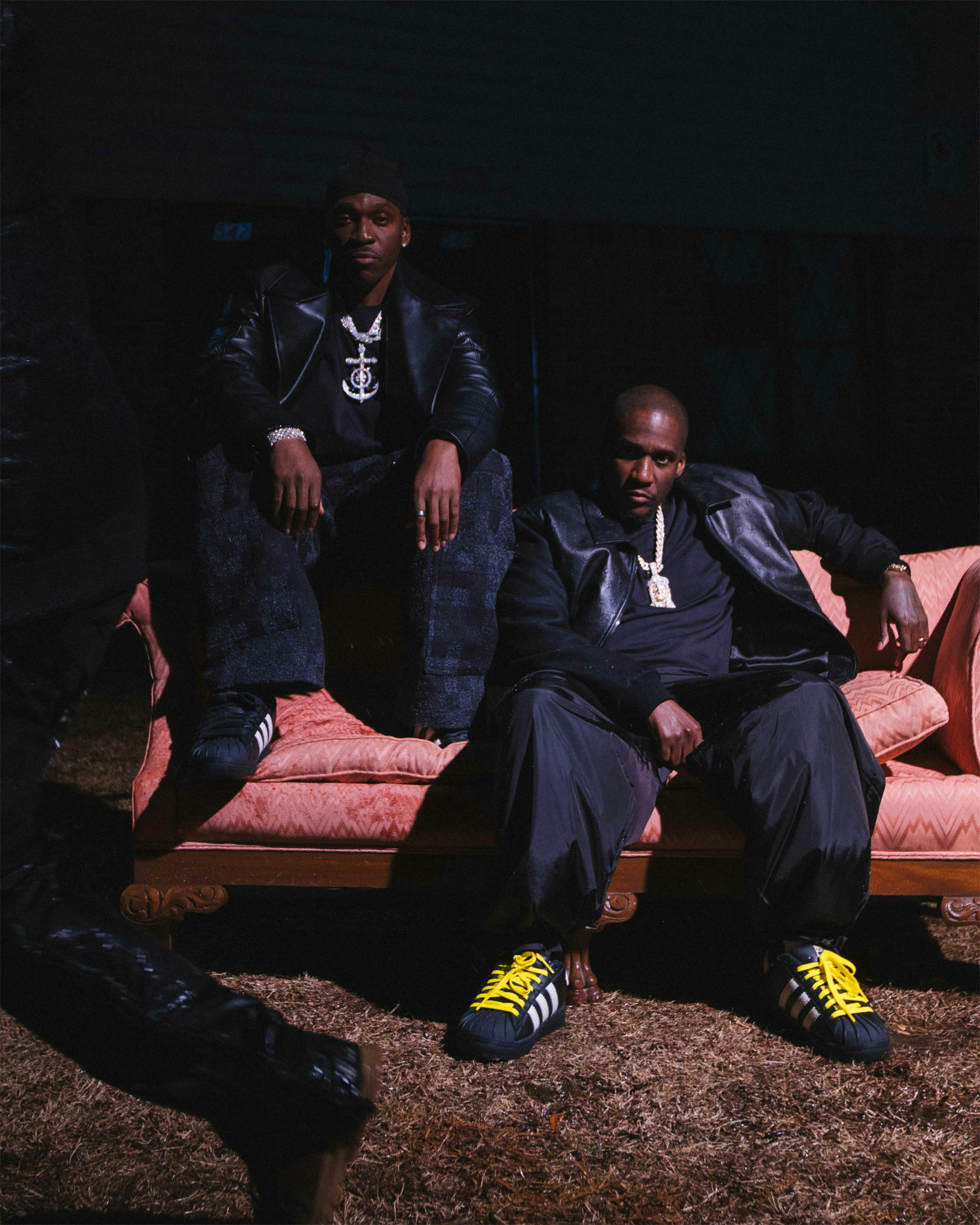 pharrell adidas superstar 92 sneaker in white and black leather modeled by clipse